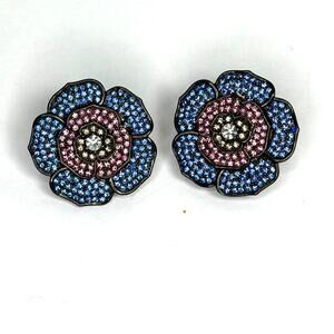 Gunmetal Blue Pink Pave Stone Rose Earrings Oversized Studs Pierced Ear JJJ